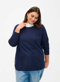 Pullover in organic cotton with texture pattern, Navy Blazer, Model