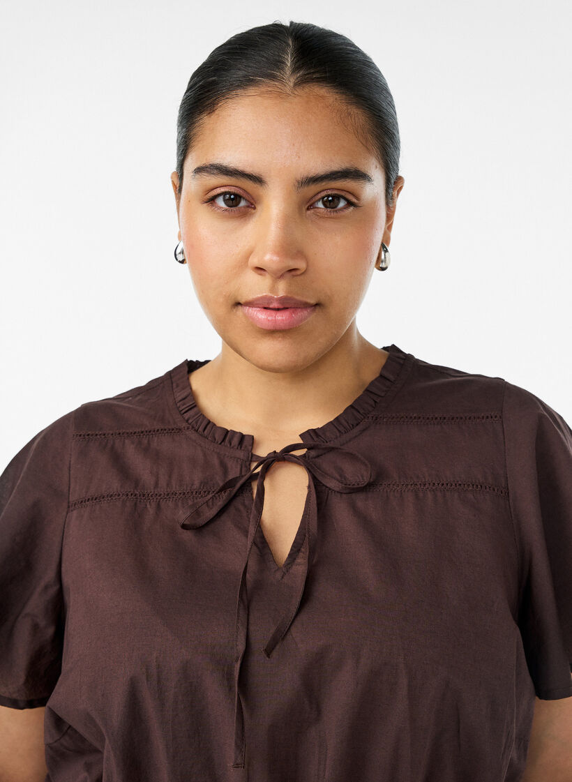 Cotton blouse with tie-string and elastic waist, Brown, Model image number 3
