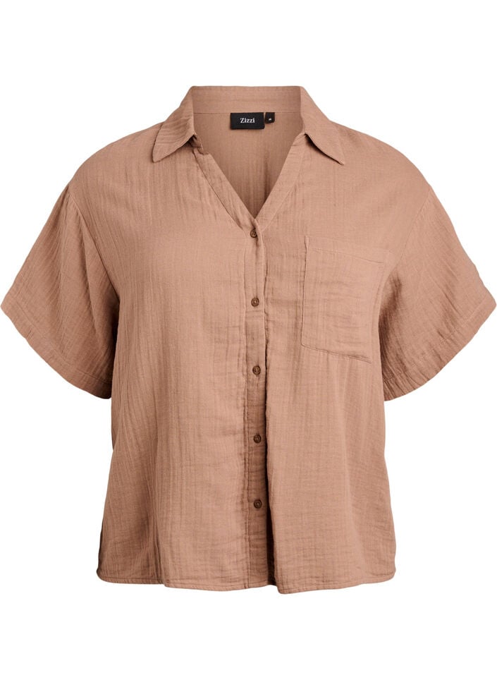 Cotton muslin blouse with short sleeves, Brown, Packshot
