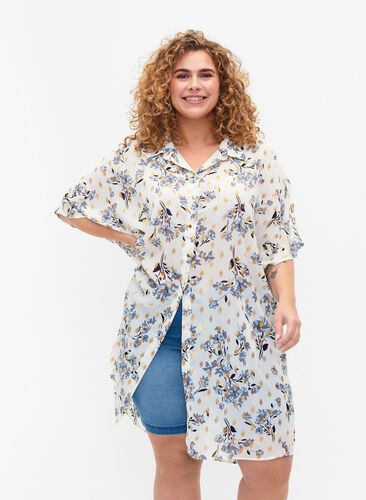 Long shirt with floral print, White Flower/Gold, Model image number 0