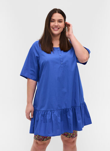 Short-sleeved A-line tunic in cotton, Dazzling Blue, Model image number 0