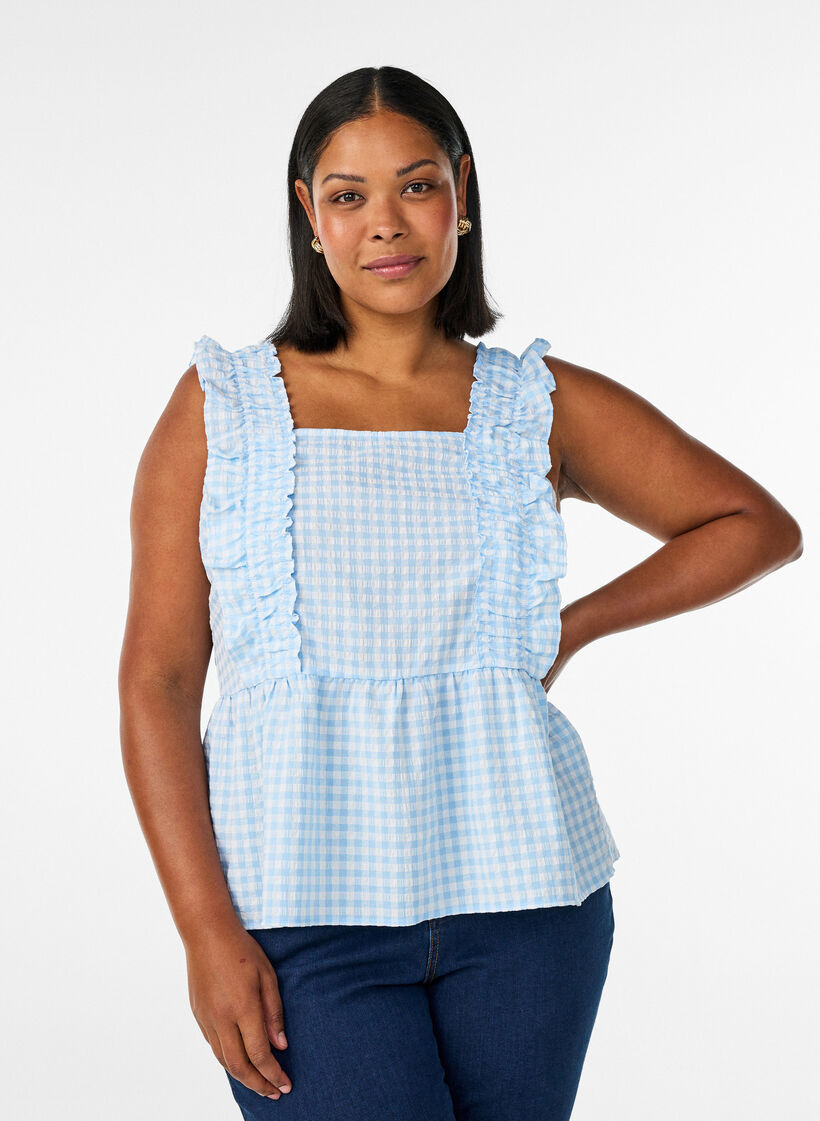 Top with checks and ruffle details, Light Blue, Model image number 0