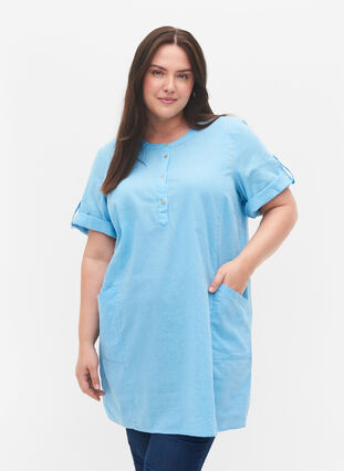 Short-sleeved cotton tunic with pockets, Alaskan Blue, Model image number 0