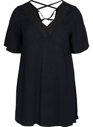 Short-sleeved viscose tunic with lace details, Black, Packshot image number 0