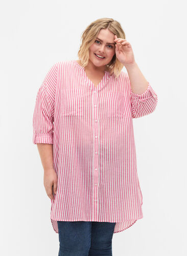 Striped tunic with v neck and buttons, Beetroot Stripe, Model image number 0