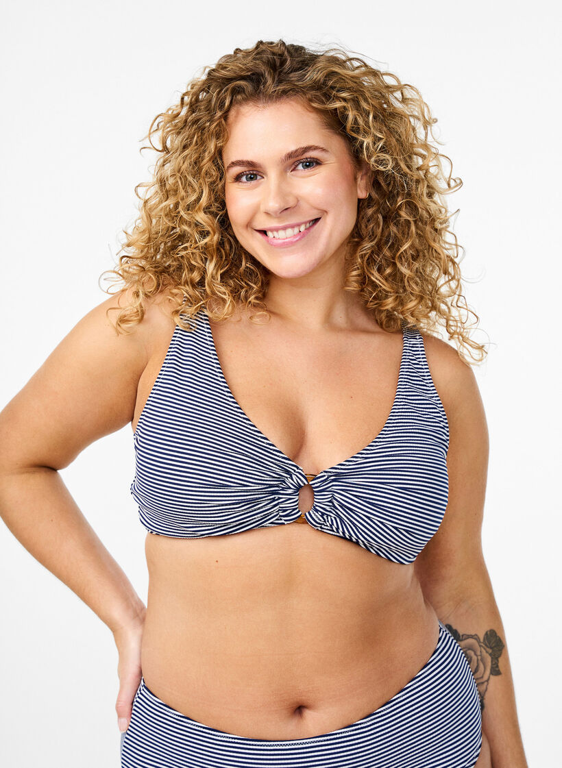 Bikini top with striped texture and ring detail, Blue, Model image number 0