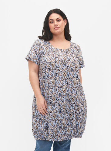 Short-sleeved, printed cotton dress, Blue Paisley , Model image number 0