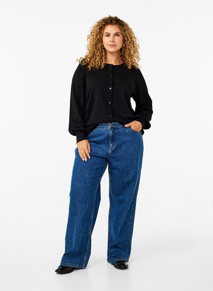 Knitted cardigan with round neck and buttons, Black, Model image number 1