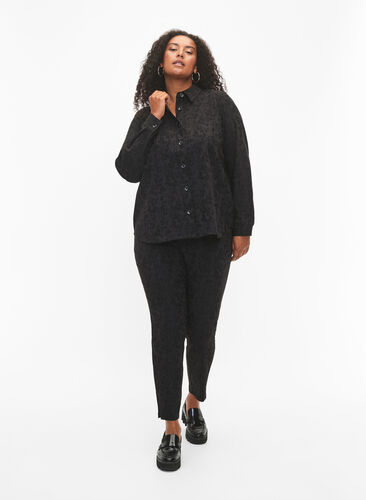 Trousers in viscose with tone-on-tone pattern, Black, Model image number 0