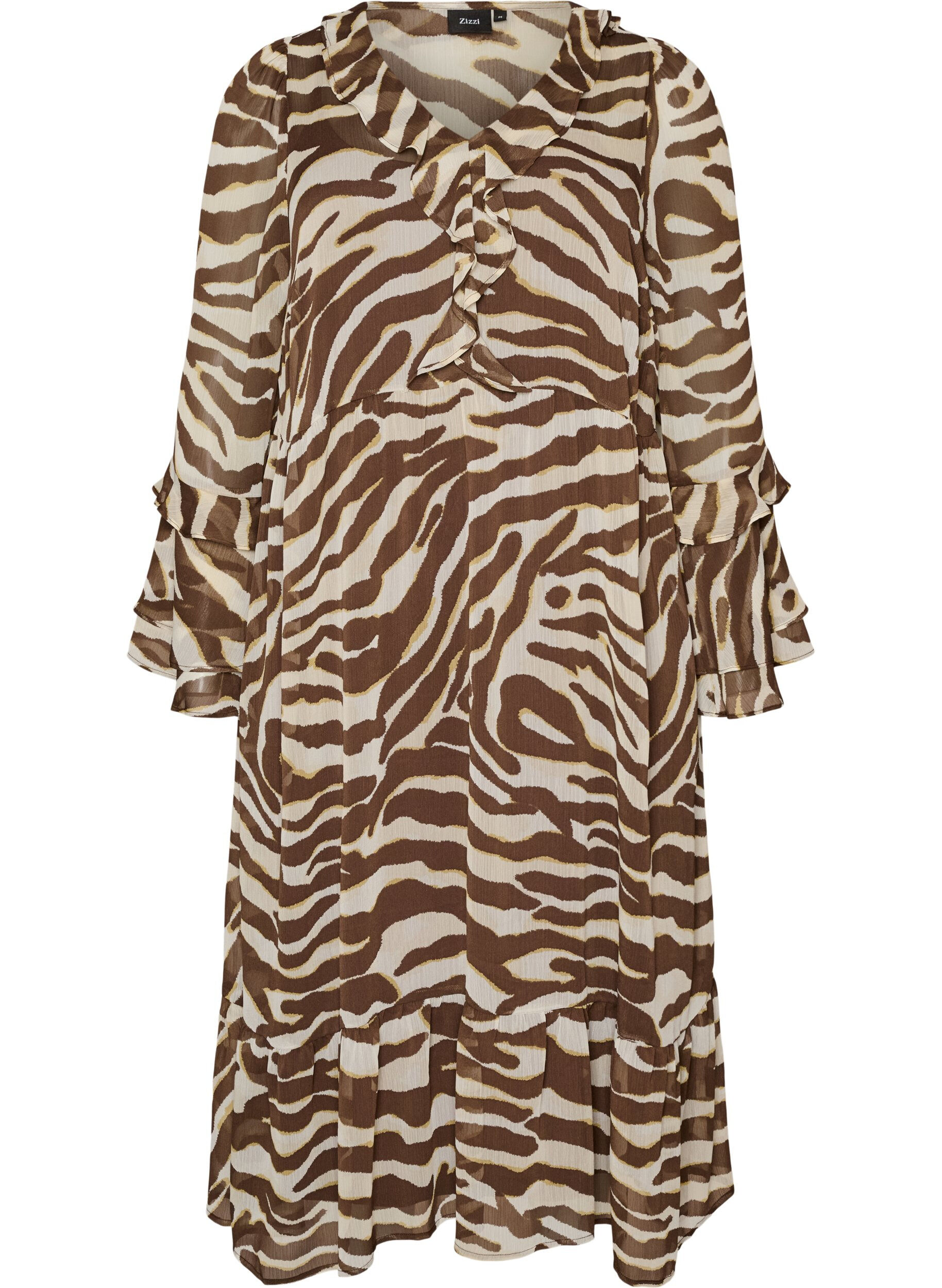 ZizzifashionMidi dress with ruffle details and V-neck, Brown, Packshot image number 0