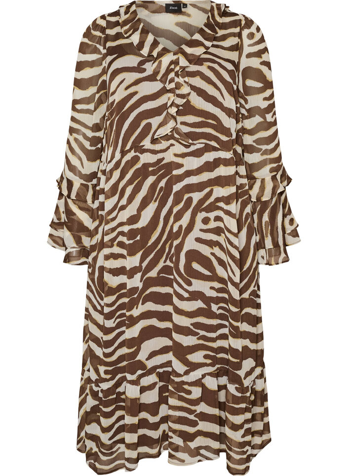 Midi dress with ruffle details and V-neck, Brown, Packshot image number 0