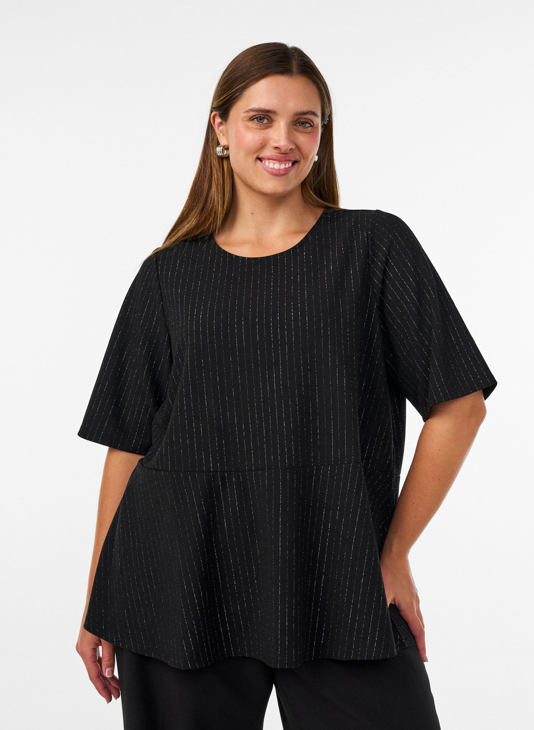Peplum blouse with glitter stripes, Black, Model