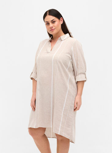 Dress with V neckline and collar, White Taupe Stripe, Model image number 0