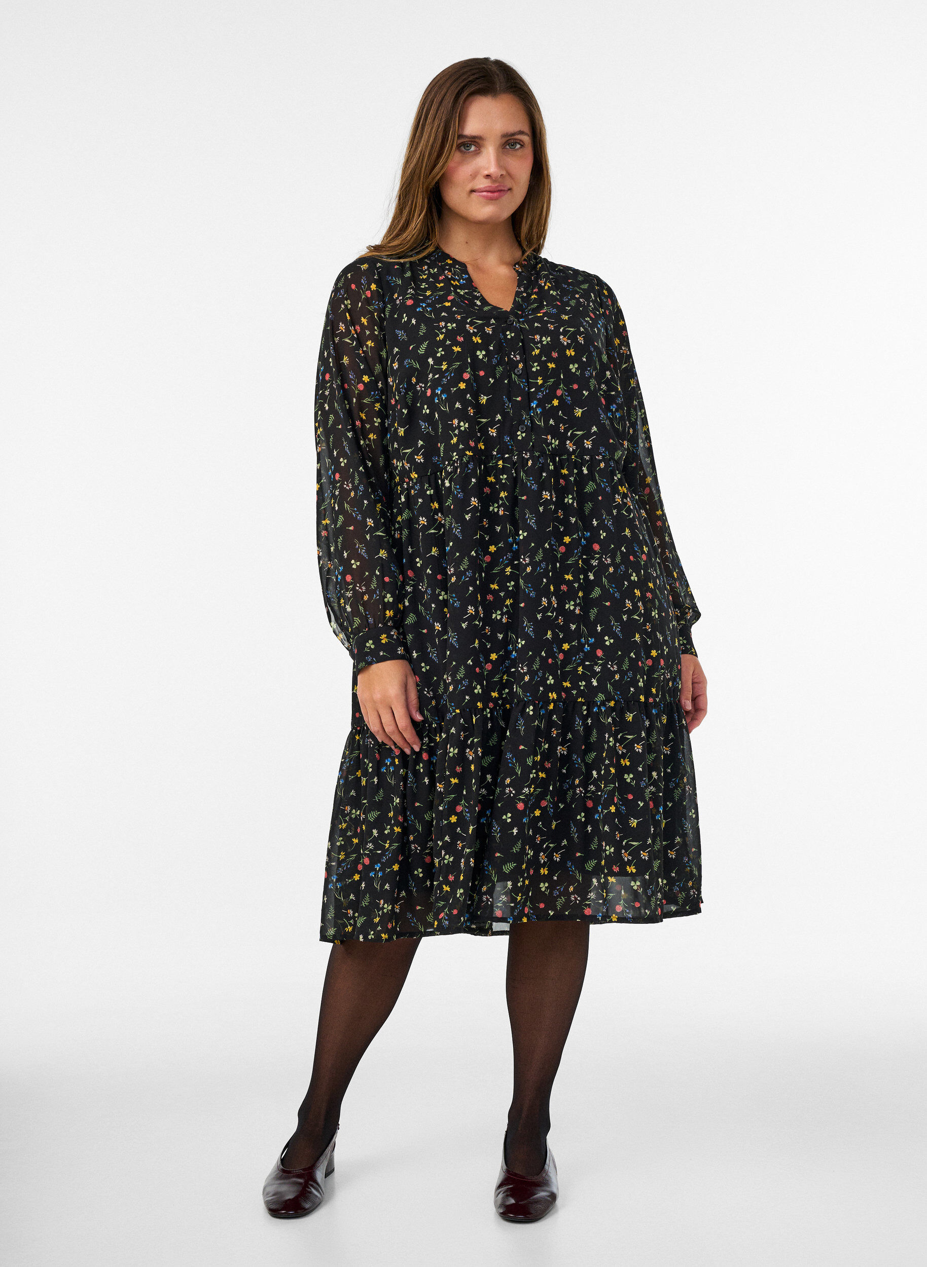 ZizzifashionDress with all-over print and a ruffle layer, Black, Model image number 0