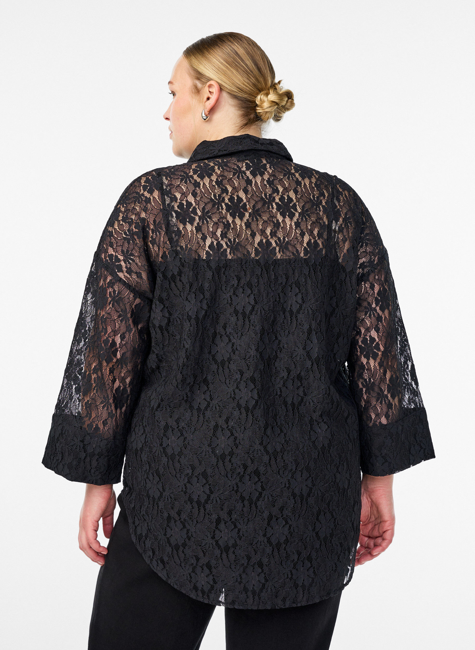 Zizzifashion Lace shirt with 3/4 sleeves, Black, Model image number 2