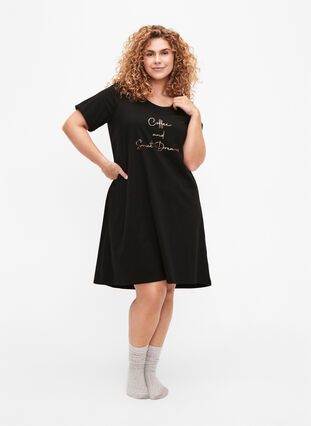 Short-sleeved nightgown in organic cotton, Black Coffee, Model image number 2