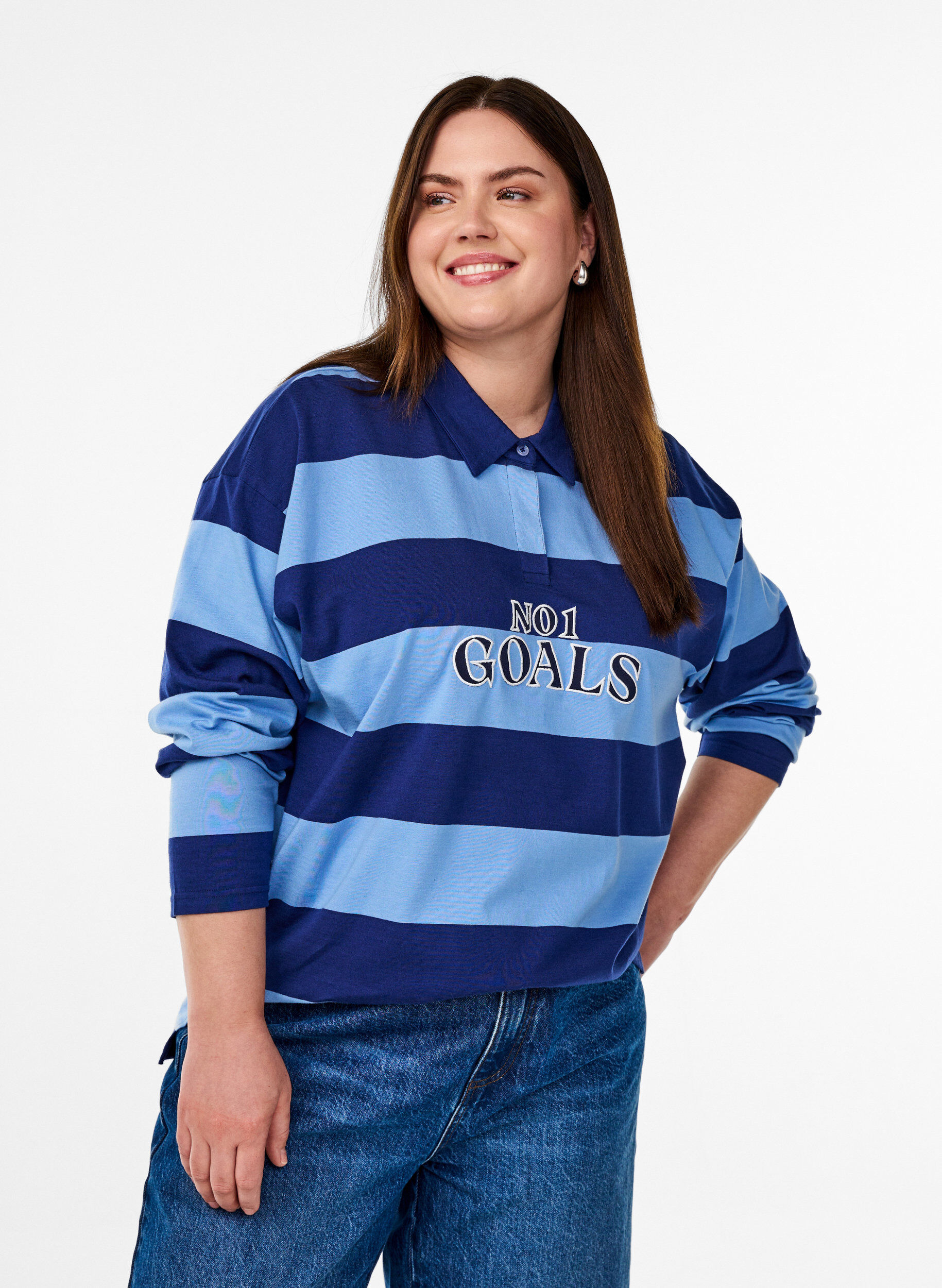 Striped polo shirt with embroidered text, Light Blue, Model