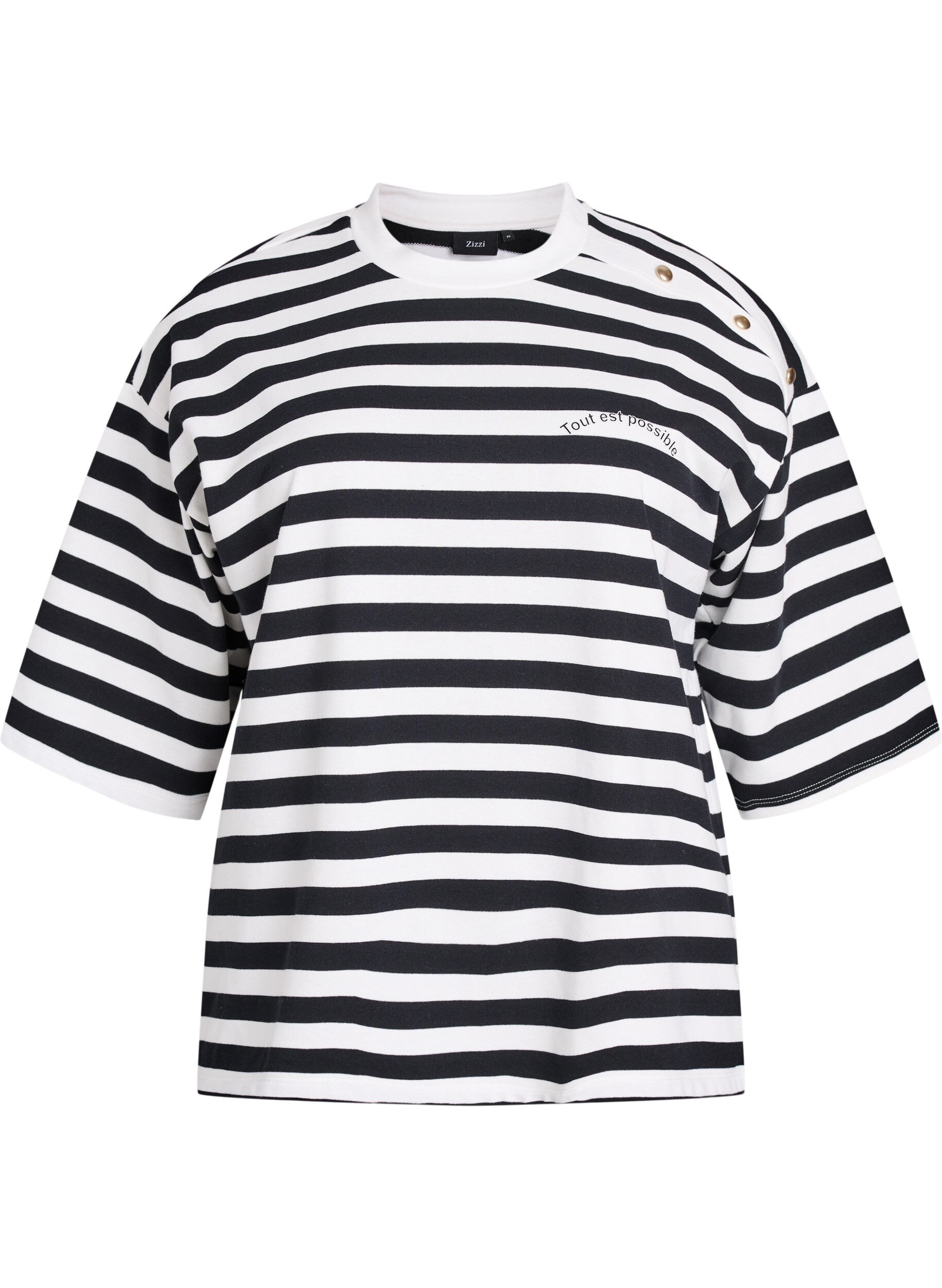 Zizzifashion Striped blouse with 3/4 sleeves and button detail, Black, Packshot image number 0