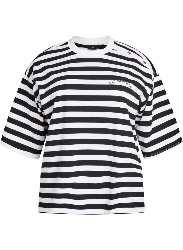 Striped blouse with 3/4 sleeves and button detail, Black, Packshot image number 0