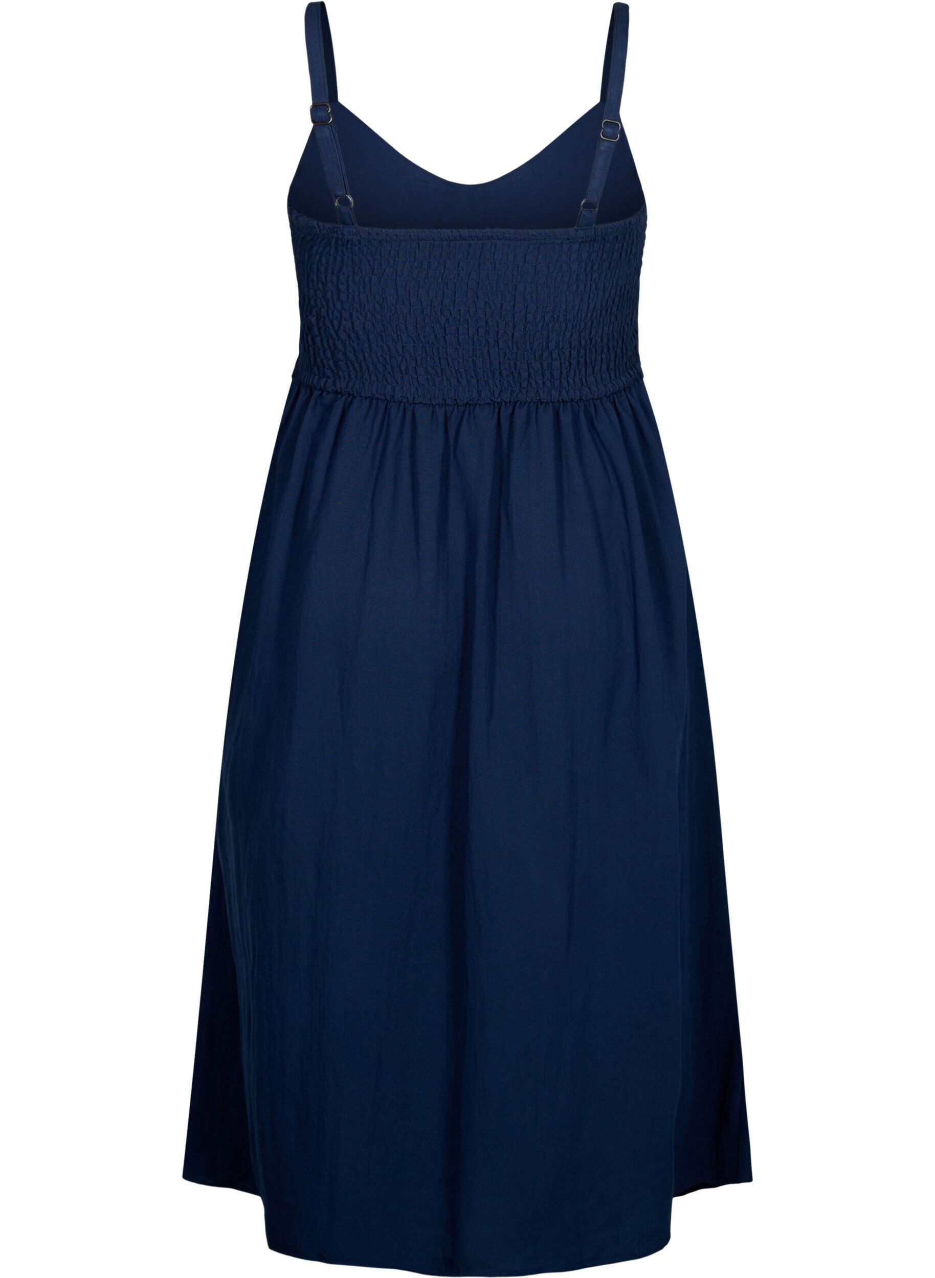 Zizzifashion Plain coloured viscose strap dress with smock, Navy Blazer, Packshot image number 1