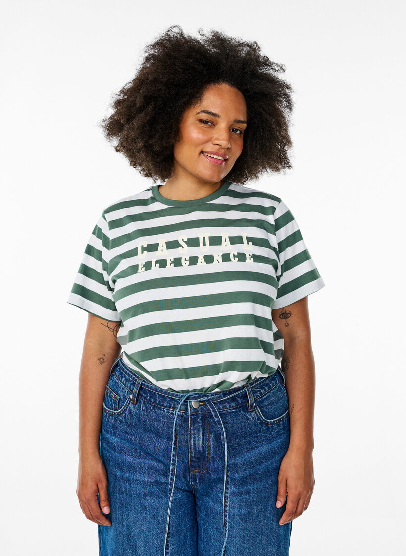 Organic cotton T-shirt with stripes and text, Green, Model image number 0