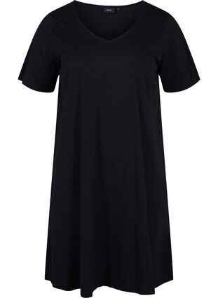 Short-sleeved cotton dress with a-shape, Black, Packshot image number 0