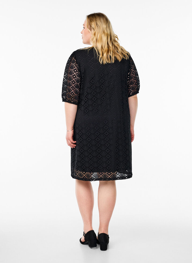 Knee-length dress with eyelet pattern and short sleeves, Black, Model image number 2