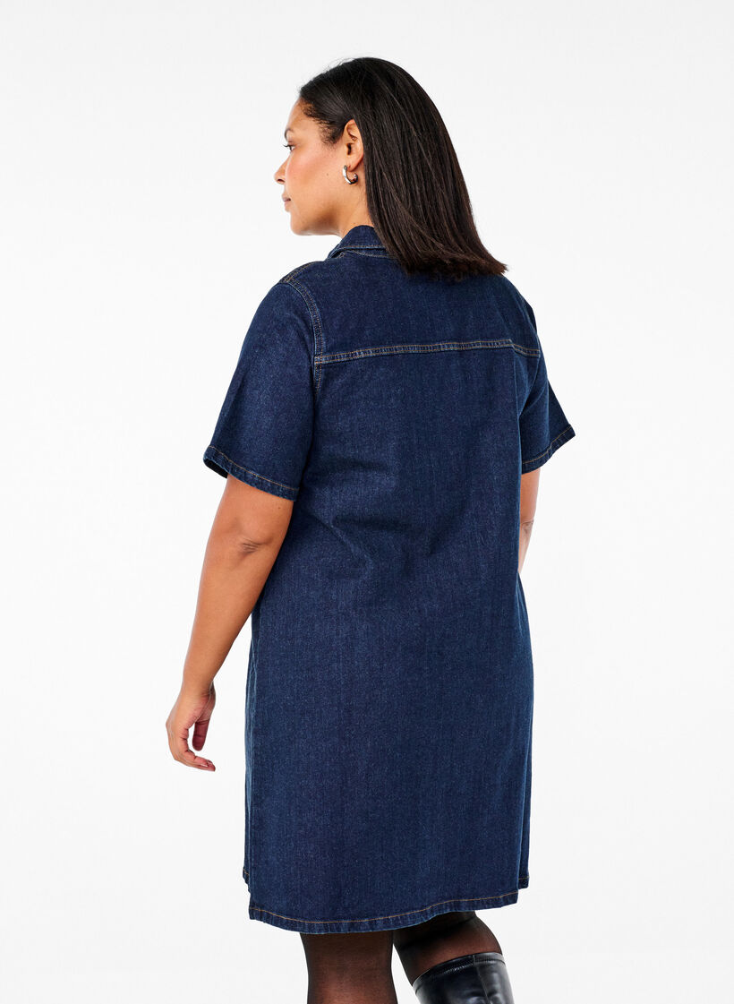 Denim dress with short sleeves and chest pockets, Dark Blue Denim, Model image number 1