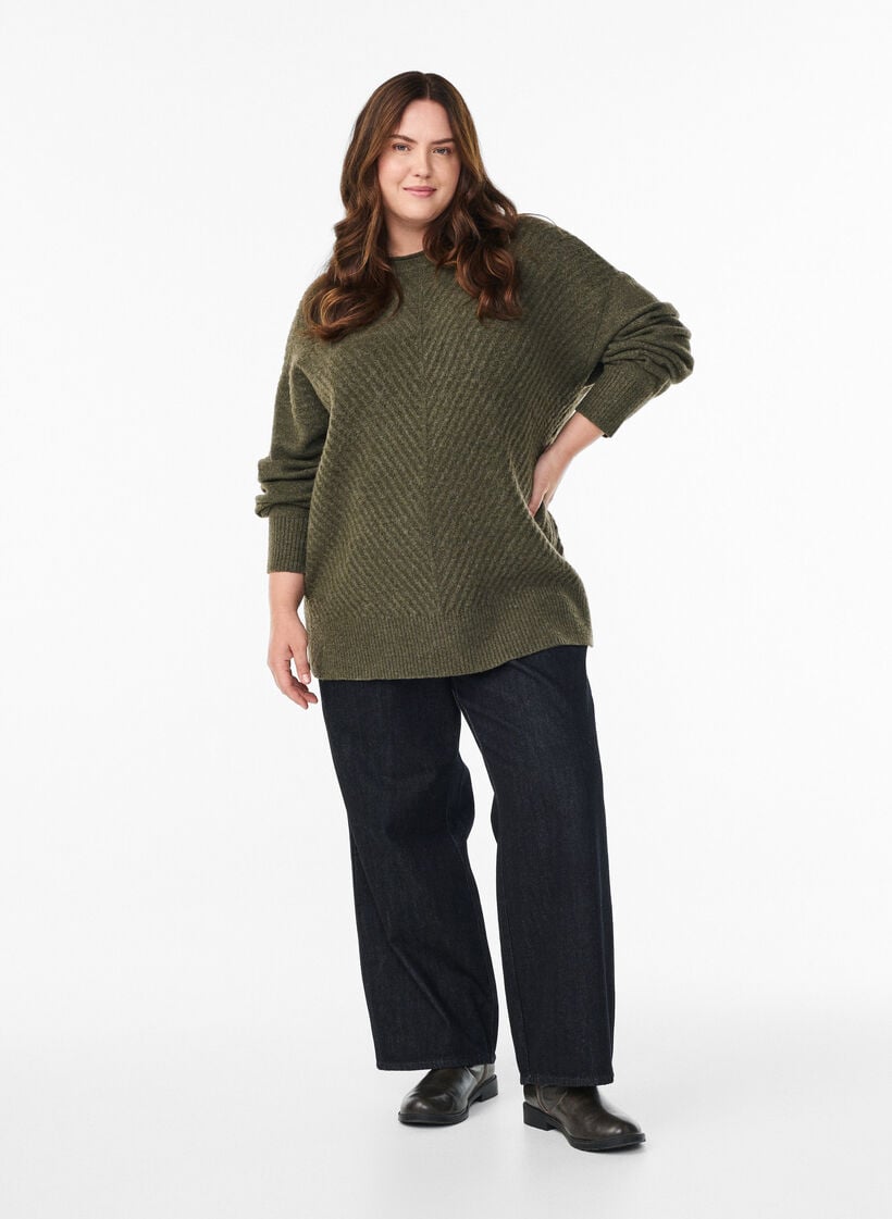 Knitted blouse with V-shaped rib pattern and slits, Green, Model image number 1