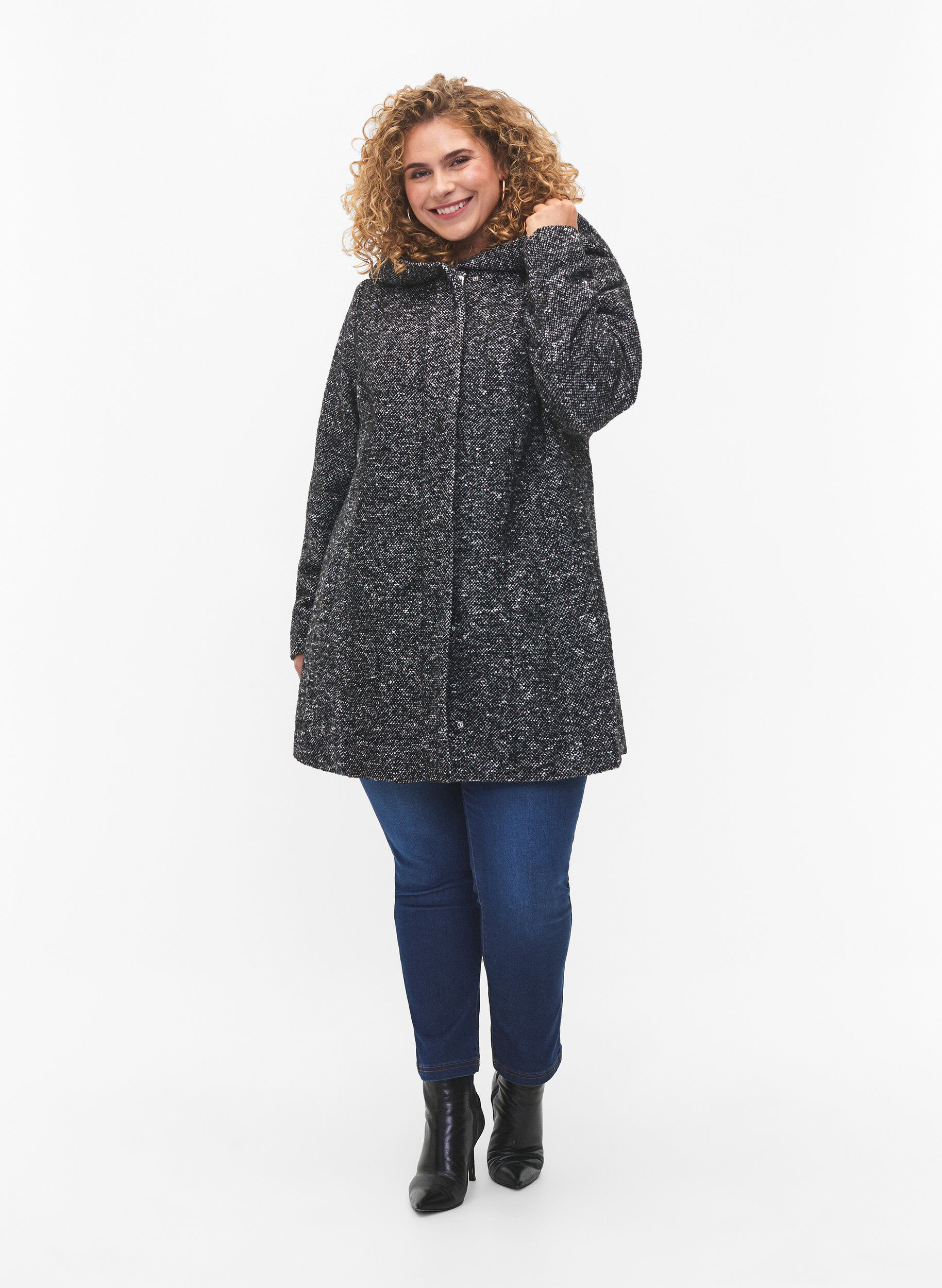 Zizzifashion Boucl&eacute; coat with wool, Black Mel., Model image number 2