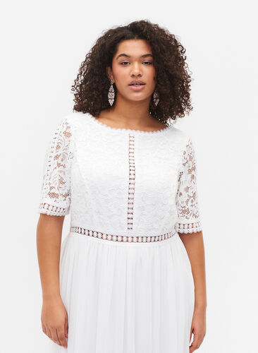 Maxi dress with back neckline and short sleeves, Bright White, Model image number 2