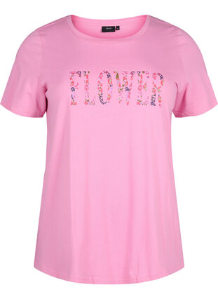 Cotton T-shirt with text print, Rosebloom w. Flower, Packshot image number 0