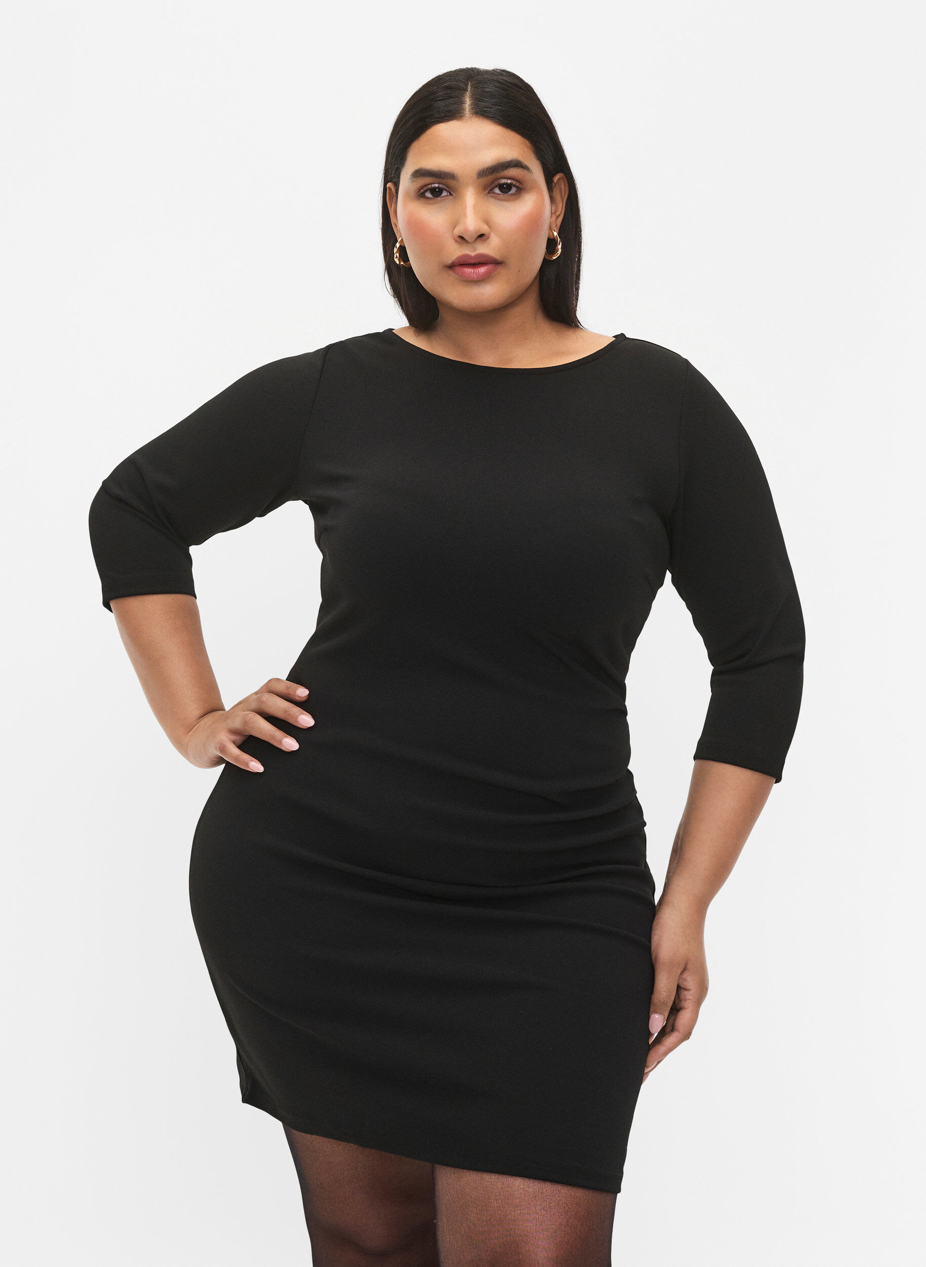 Zizzifashion Dress with draping and 3/4 sleeves, Black, Model image number 2