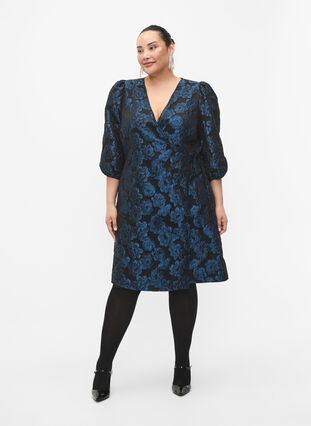 Jacquard wrap dress with 3/4 sleeves, Black Blue, Model image number 3