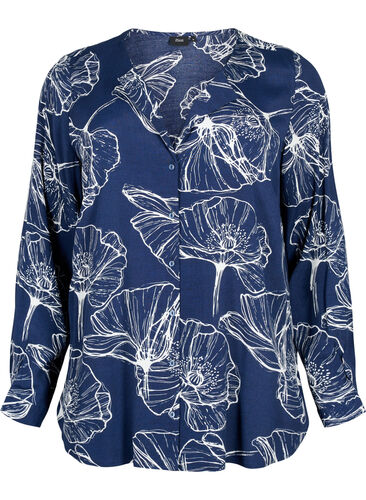 Floral print viscose shirt with long sleeves, Navy B./Big Fl.AOP, Packshot image number 0