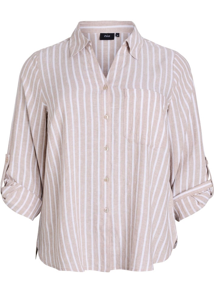 Shirt in linen and viscose with 3/4 sleeves, Beige, Packshot image number 0
