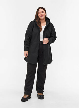 Hooded softshell jacket with adjustable waist, Black, Model image number 2
