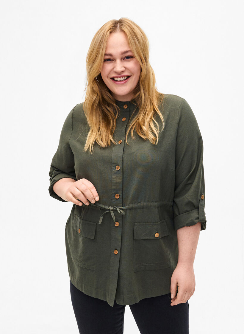 Linen blend shirt with pockets, Thyme, Model image number 0