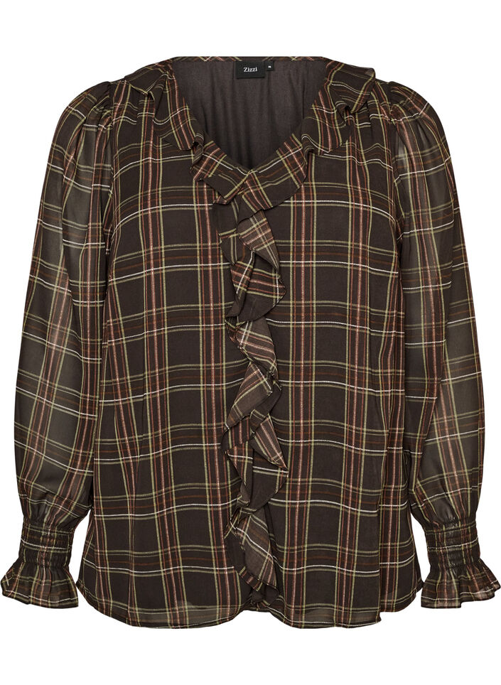 Blouse with check and ruffle details, Green, Packshot image number 0