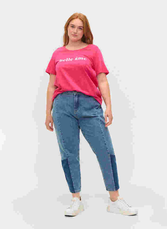 Short sleeve cotton t-shirt with text print, Fandango Pink, Model image number 2