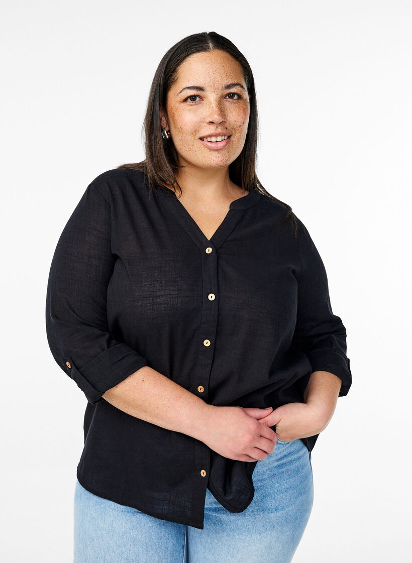 Cotton shirt blouse with a v-neck, Black, Model image number 0