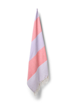Striped hammam towel with fringes, Pastel Lilac Comb, Packshot image number 0