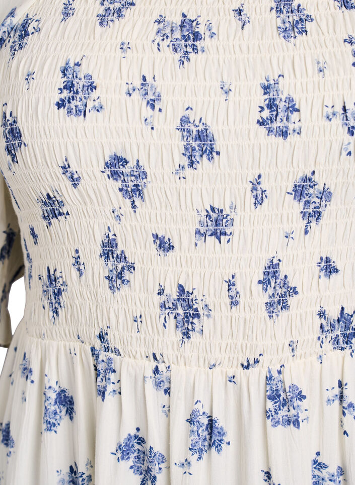 Floral viscose midi dress with smock, White, Packshot image number 2