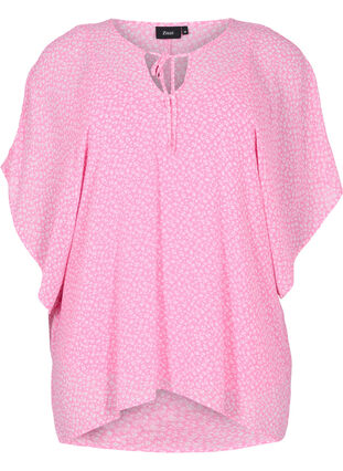 Printed blouse with tie strings and short sleeves, Pink Ditzy Flower, Packshot image number 0