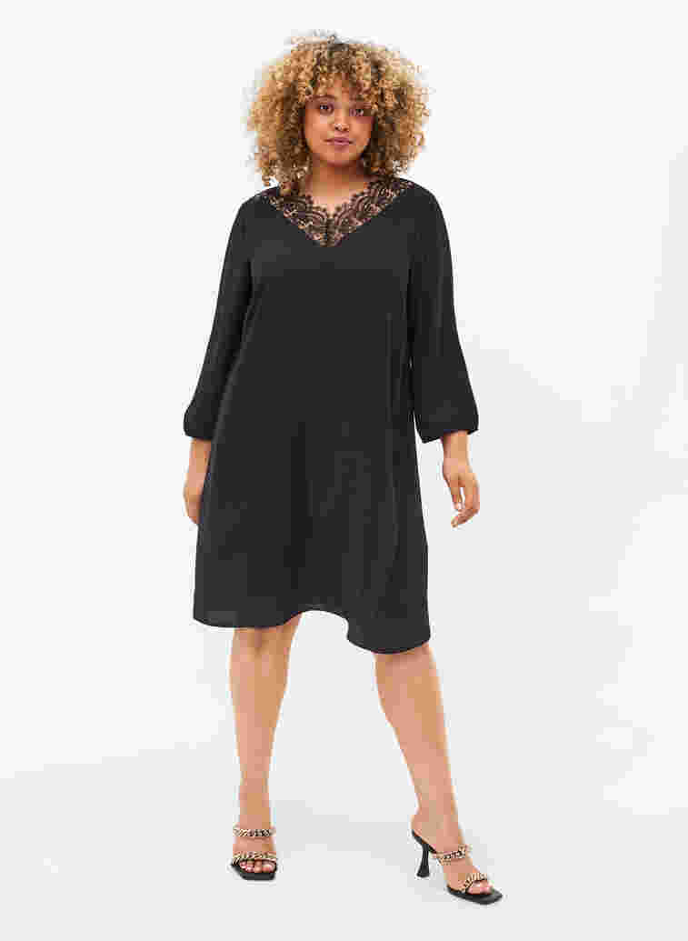 Dress with lace and 3/4 length sleeves, Black, Model image number 2