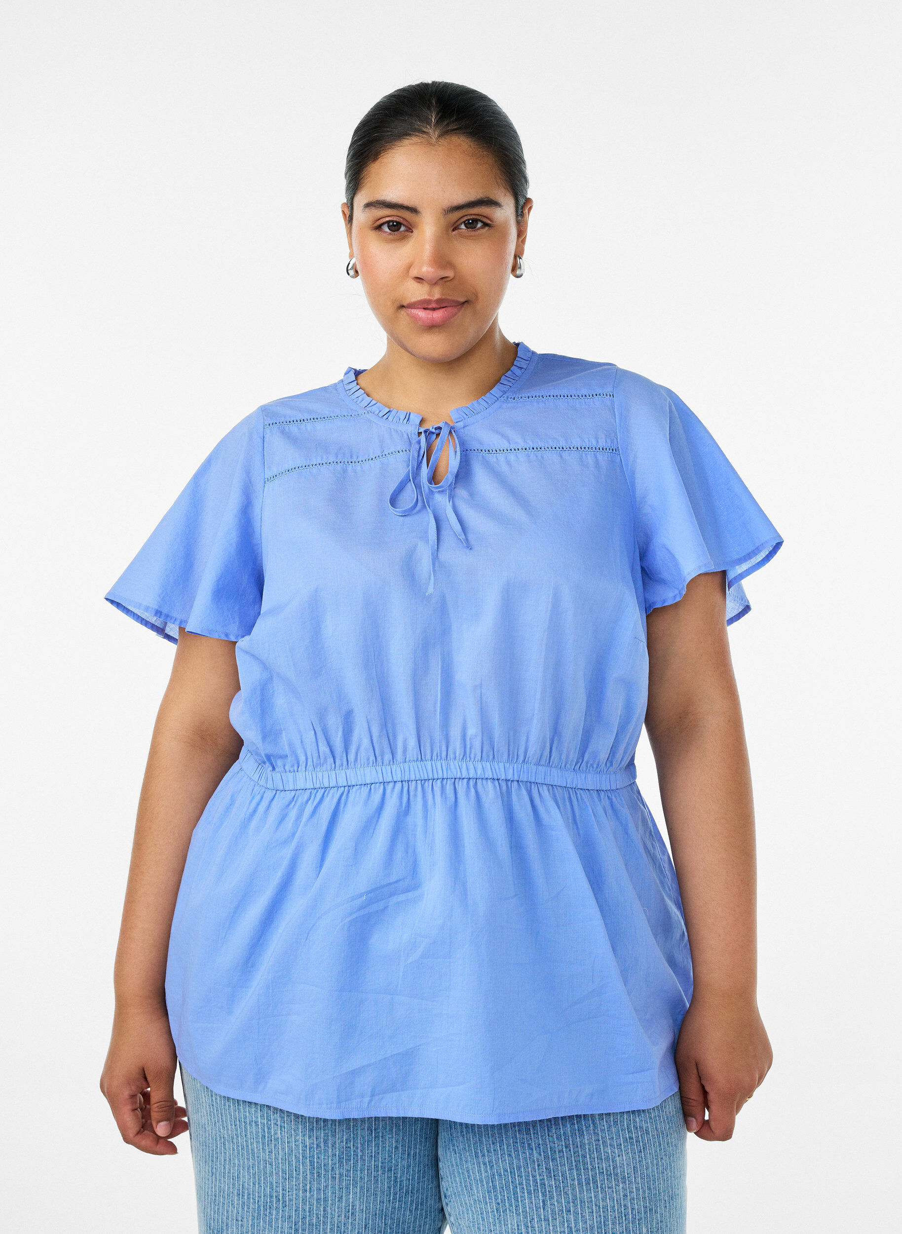 Cotton blouse with tie-string and elastic waist, Blue, Model