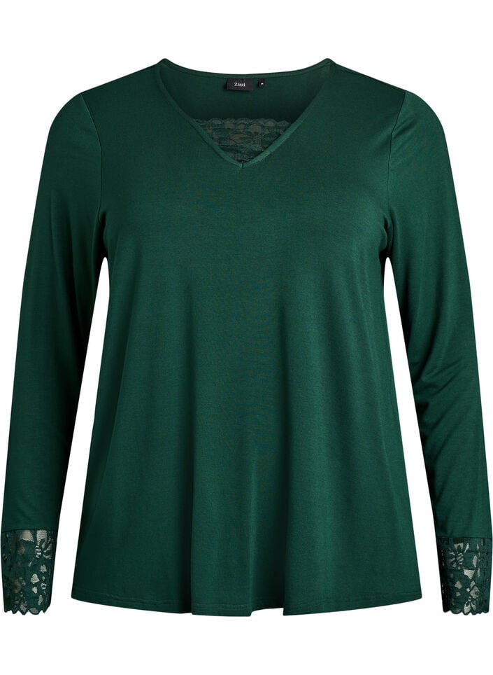 Long-sleeved pyjama top with lace details, Green, Packshot image number 0