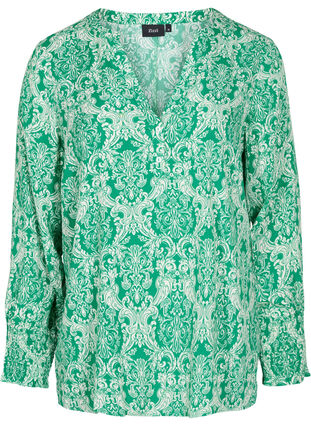 Printed viscose blouse with smock, Jolly Green Oriental, Packshot image number 0