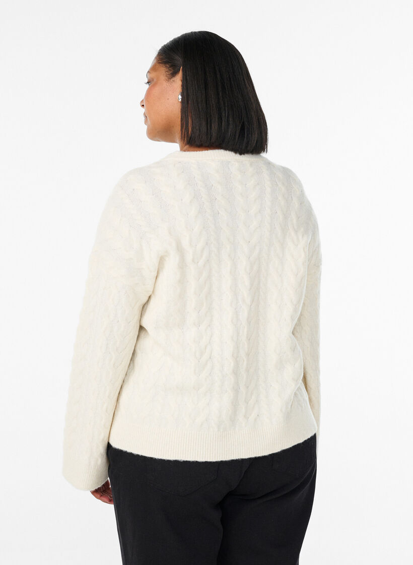 Knitted blouse with cable pattern and contrast details, Beige, Model image number 2