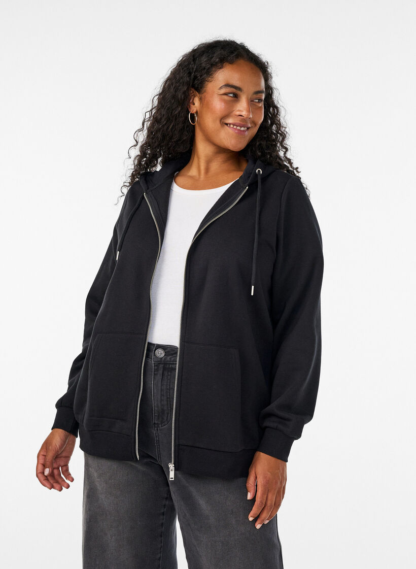 Zipped sweat hoodie with pockets, Black, Model image number 0